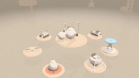 Lunar Base Dome Circled By Rovers And Planetary Exploration Platforms In Soft Stock Footage 344110958