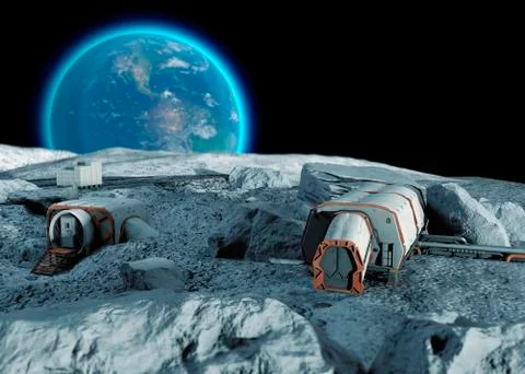 Lunar base, spatial outpost. First settlement on the moon. Space missions Stock Illustration