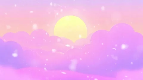 Lunar Cloudscape: Soft Purple Clouds Frame a Gentle Yellow Moon, Snow Falling A Stock Footage 307004498