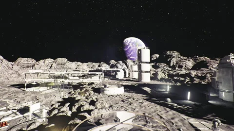 Lunar colony panorama, mixeduse settlement and urban services Stock Footage 341560457