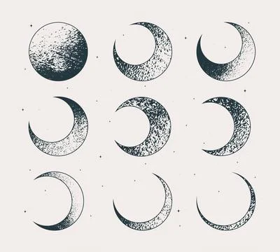 Lunar cycle, crescent moon in different phases. Vector illustration Stock Illustration