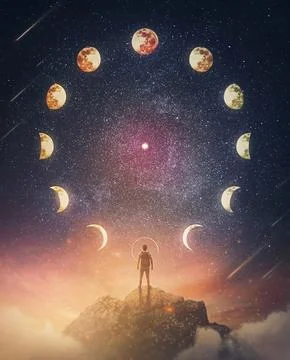 Lunar eclipse and moon phases circle on the night sky and a curious person .. Ilustração Stock