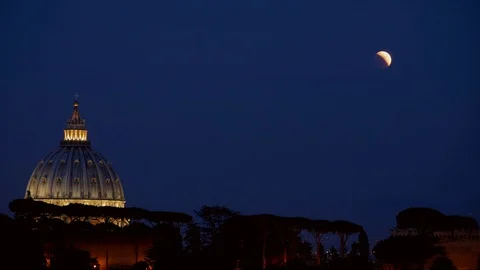 Lunar Eclipse and St Peter Dome at Rome - Timelapse  July 27 2018 Stock Footage 92929441