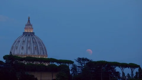 Lunar Eclipse and St Peter Dome at Rome - Timelapse  July 27 2018 Stock Footage 92934867