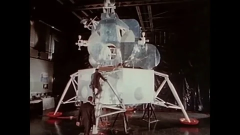 A lunar excursion module is developed at Grumman Aircraft Engineering Stock Footage 86137928