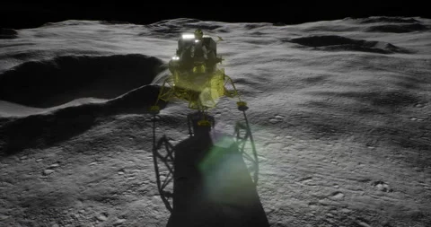 Lunar lander explores the moons surface in high detail at night Stock Footage 327791464