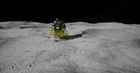 Lunar lander explores the moons surface during a historic mission in space Stock Illustration