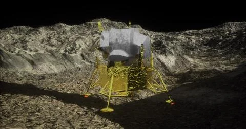 Lunar lander explores the surface of the moon at night with rugged terrain Stock Illustration