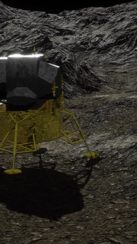 Lunar lander exploring the rugged surface of the moon during night Stock Footage 329680019
