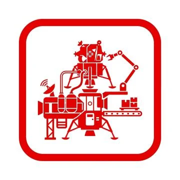 Lunar lander module assembly icon with red robotic arm for space manufacturin Stockillustratie