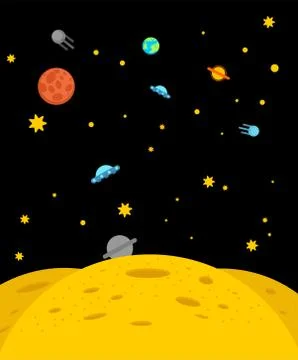 Lunar landscape. Moon surface background. Craters and volcanoes. Yellow plane Stock Illustration