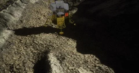 Lunar module lands on the moons surface amid rocky terrain under a vast sky Illustrazione stock