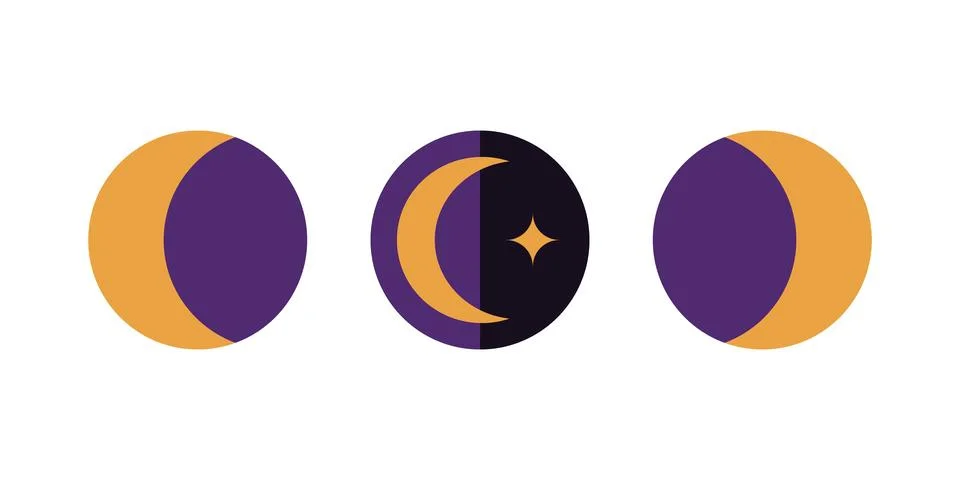 Lunar Moon Phases Flat Vector Icons Set In Purple And Gold Colors on white .. Stock Illustration