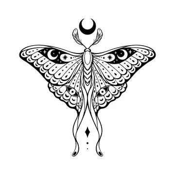 Lunar moth with crescent moon and eyes  symmetrical tattoo Stock Illustration