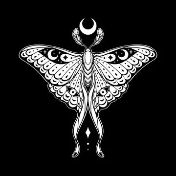 Lunar moth with crescent moon and diamond  Symmetrical tattoo Stock Illustration