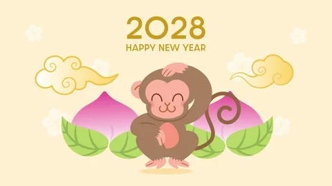 Lunar New Year 2028 with monkey mascot animation video Stock Footage 345974724