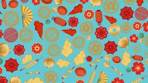 Lunar New Year Vector Pattern with Red and Gold Traditional Elements イラスト素材
