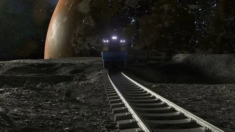 On a lunar or alien landscape, a blue train stands illuminated by headlights Stock Footage 253404244