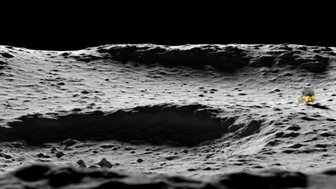 Lunar panorama with spaceship resting on the surface - 3D rendering Video stock 266240295