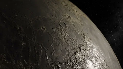 The lunar surface orbit underneath as the viewer approaches the Moon. Stock Footage 110337905