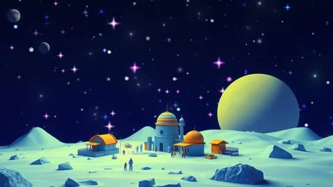 Lunar Village: A Sci-Fi Animation with Glowing Moon and Futuristic Buildings in Video stock 330321010