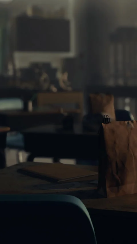 Lunch bags on desks in a quiet classroom during the daytime Stock Footage 340262606