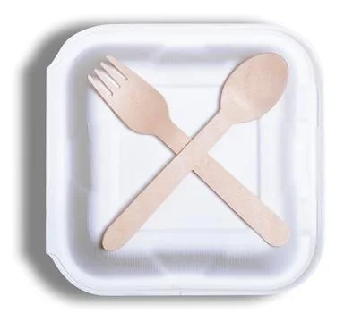Lunch box with disposable fork and spoon Stock Photos