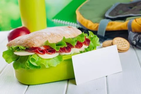 Lunch box with sandwich with empty label Stock Photos