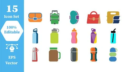 Lunch boxes and reusable water bottles icon set with container, reusable Stock Illustration