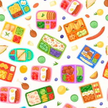 Lunch boxes with food seamless pattern vector illustration. Plastic containers イラスト素材