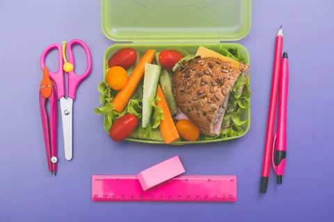 Lunch boxes with fresh breakfast. Breakfast school time concept. Stock Photos