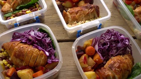 Lunch boxes, full meals and snacks to go. Healthy balanced diet. Balance of Stock Footage 316810190