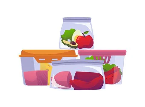 Lunch boxes or freezer containers with food flat vector illustration isolated. Stock Illustration