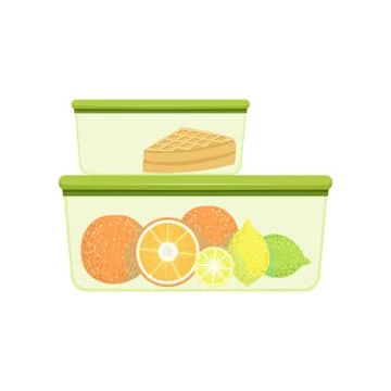 Lunch boxes with oranges, lemons and pie, healthy food for kids and students Stock Illustration