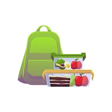 Lunch boxes for school students in front of backpack, flat vector illustration Stock Illustration