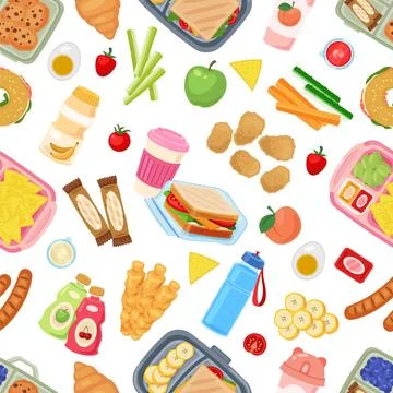 Lunch boxes seamless pattern. Kids school food, plastic containers, sandwiches Stock Illustration