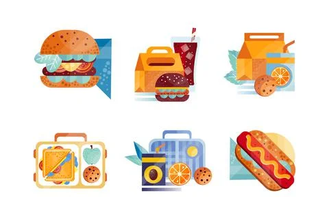 Lunch boxes set. Burger, sandwich, hot dog snack products vector illustration Stock Illustration