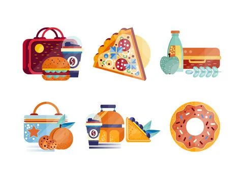 Lunch boxes set. Food packages with sandwich, burger, donut vector illustration Stock Illustration