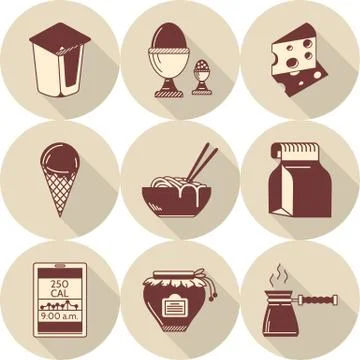 Lunch brown flat style icons set Stock Illustration