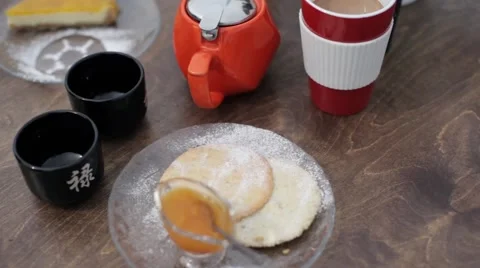 Lunch in the Cafe. Tea, Cake, Cookies, Coffee Video stock 66081083
