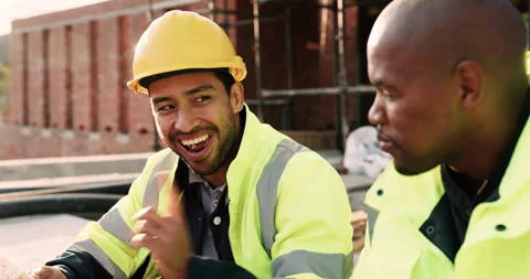 Lunch, construction and men laugh on break, funny conversation and development Stock Footage 336261373