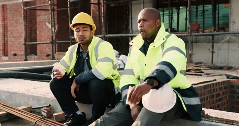 Lunch, construction and men talking on break, conversation and development at Stock Footage 336226366