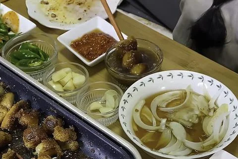 Lunch of first and second courses seasonings and herbs. Stock Photos