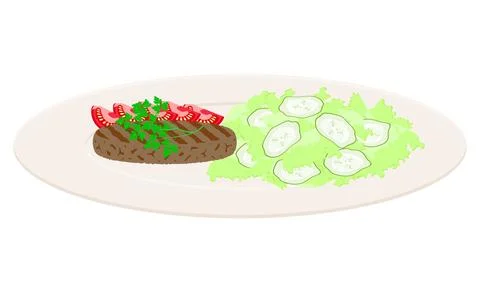Lunch. Fried cutlet, fresh vegetables. Stock Illustration