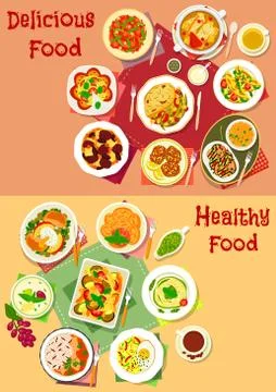 Lunch with fruit dessert icon set for menu design 스톡 일러스트