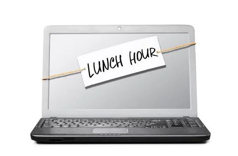 Lunch hour laptop with note about lunch hour ,model released, Symbolfoto C... Stock Photos