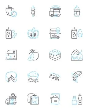 Lunch linear icons set. Refuel, Savor, Nourish, Break, Bite, Grab, Feast line Stock Illustration