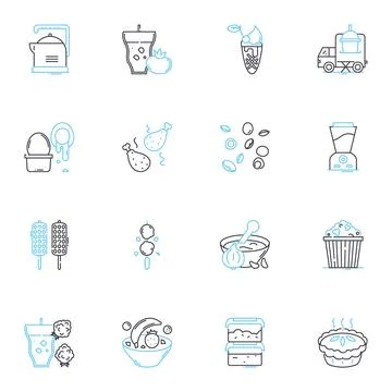 Lunch linear icons set. Refuel, Savor, Nourish, Break, Bite, Grab, Feast line Stock Illustration