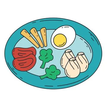 Lunch portion of dim sum, egg, meat and broccoli Ilustración de archivo