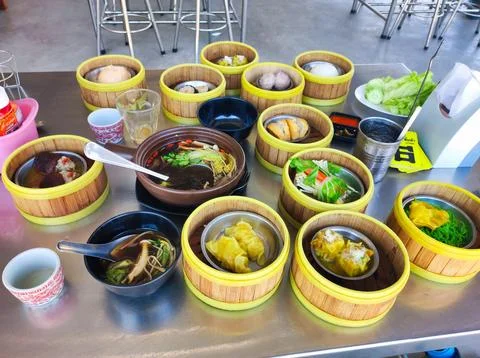 Lunch spread featuring various dishes at a local eatery in the city. Thaifood Stock Photos